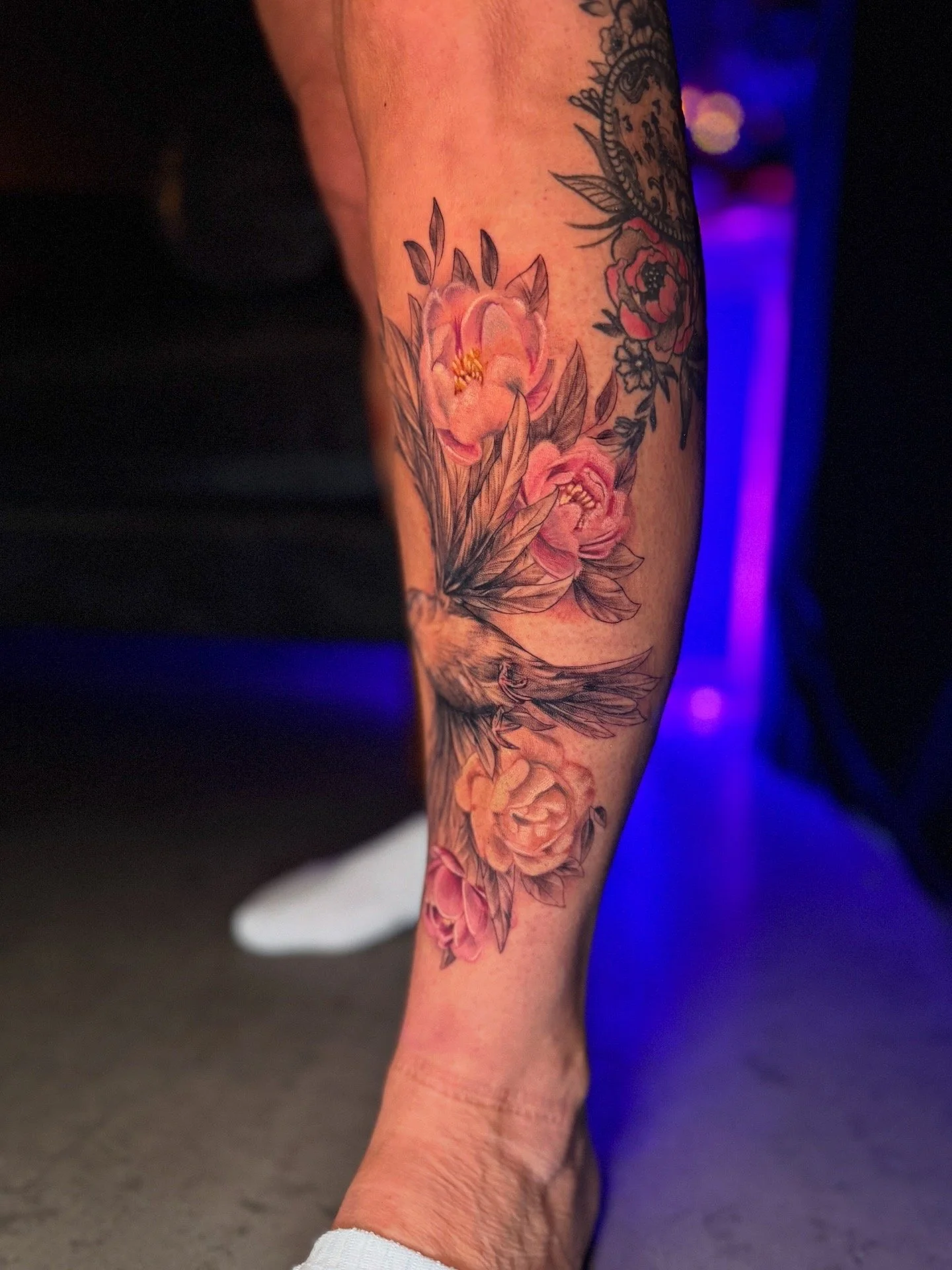 Close-up of a person's arm with multiple colorful floral tattoos, featuring pink and peach flowers with green leaves, against a dark background with purple and pink lights.