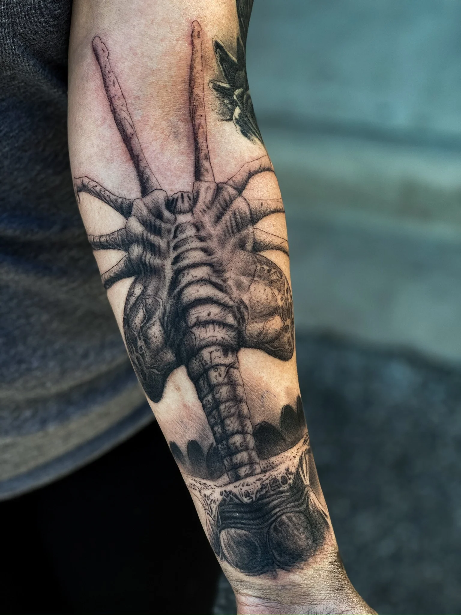 Tattoo of a realistic scorpion on a person's arm, with detailed shading and anatomy.
