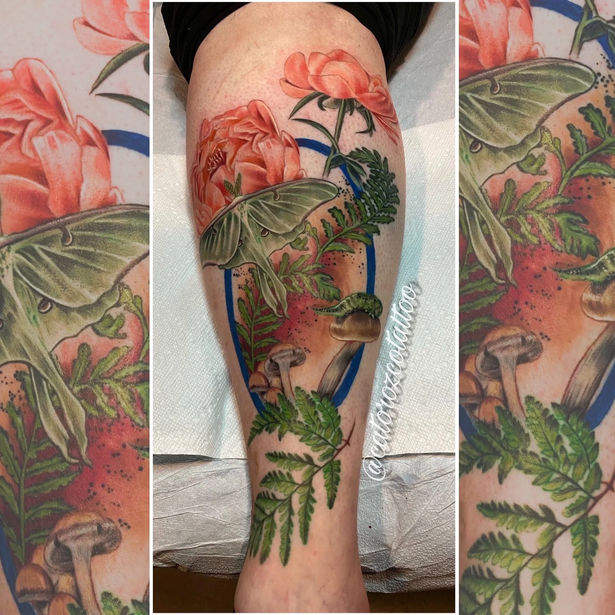 Colorful tattoo on person's arm featuring large green leaves, pink flowers, and mushrooms, with a blue outline framing the design.