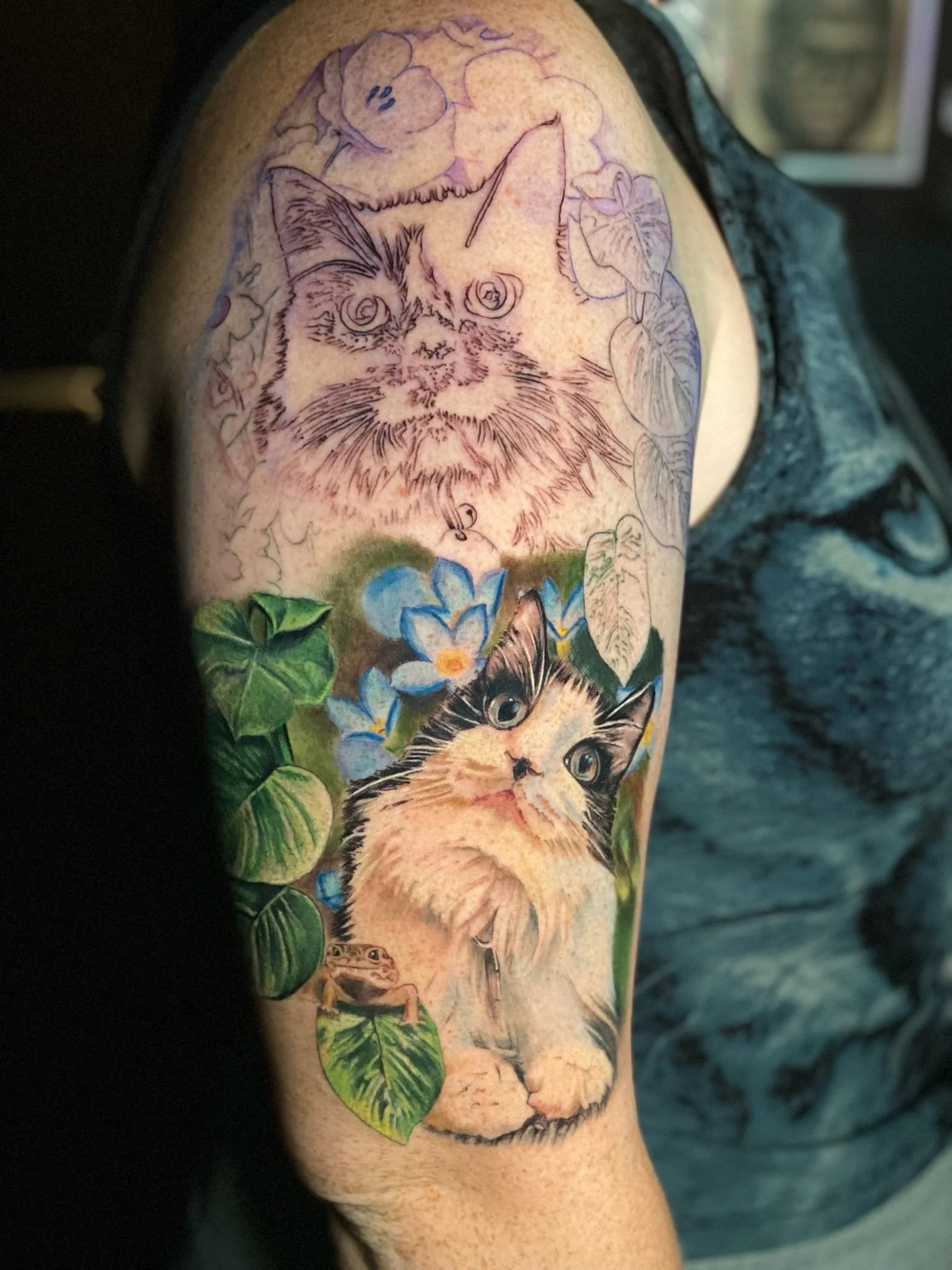 Colorful tattoo of a tabby cat with blue flowers and green leaves on a person's arm. Above the colored section, there is an outline sketch of a cat's face surrounded by leaves.
