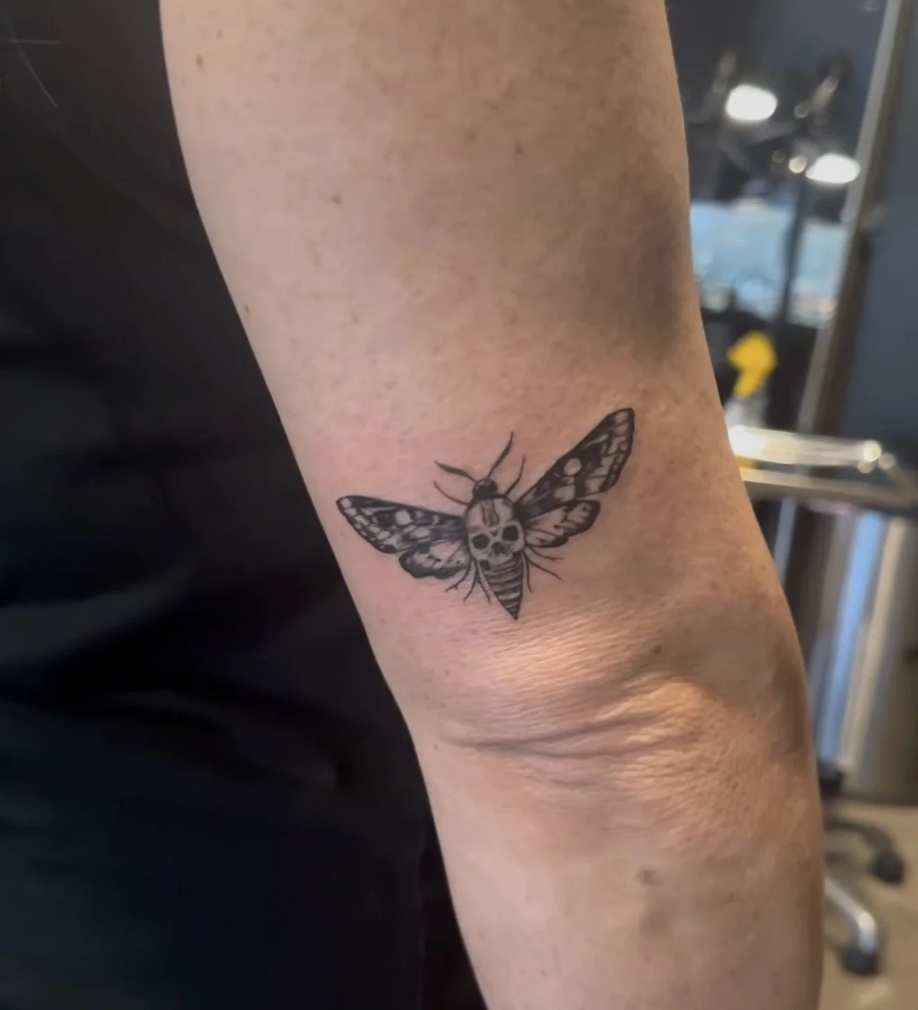 A tattoo of a moth with a skull on its body on a person's arm.