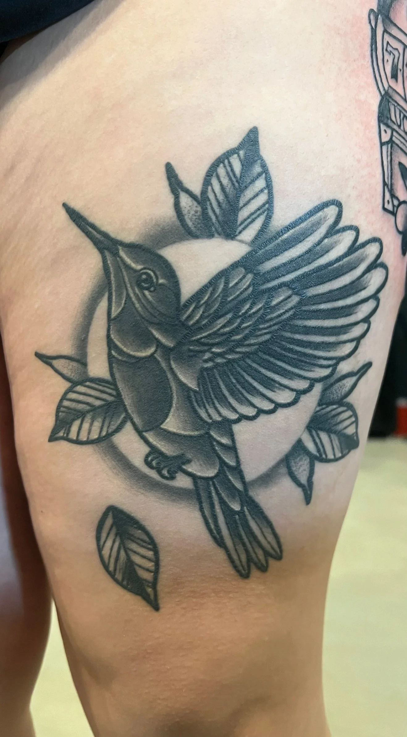 Black and gray healed tattoo of a hummingbird surrounded by leaves on person's upper arm.