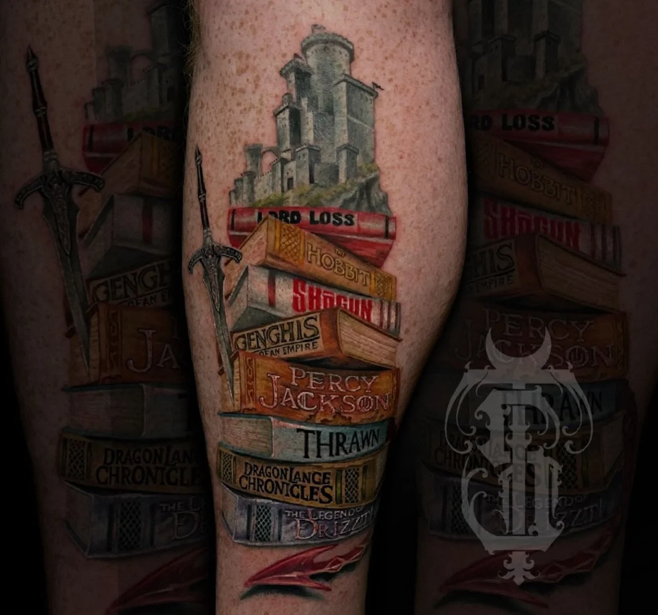 Colorful tattoo of a tower, stacked books about books and authors like Percy Jackson, Thrawn, and Dragonlance Chronicles, with swords crossing behind the books.