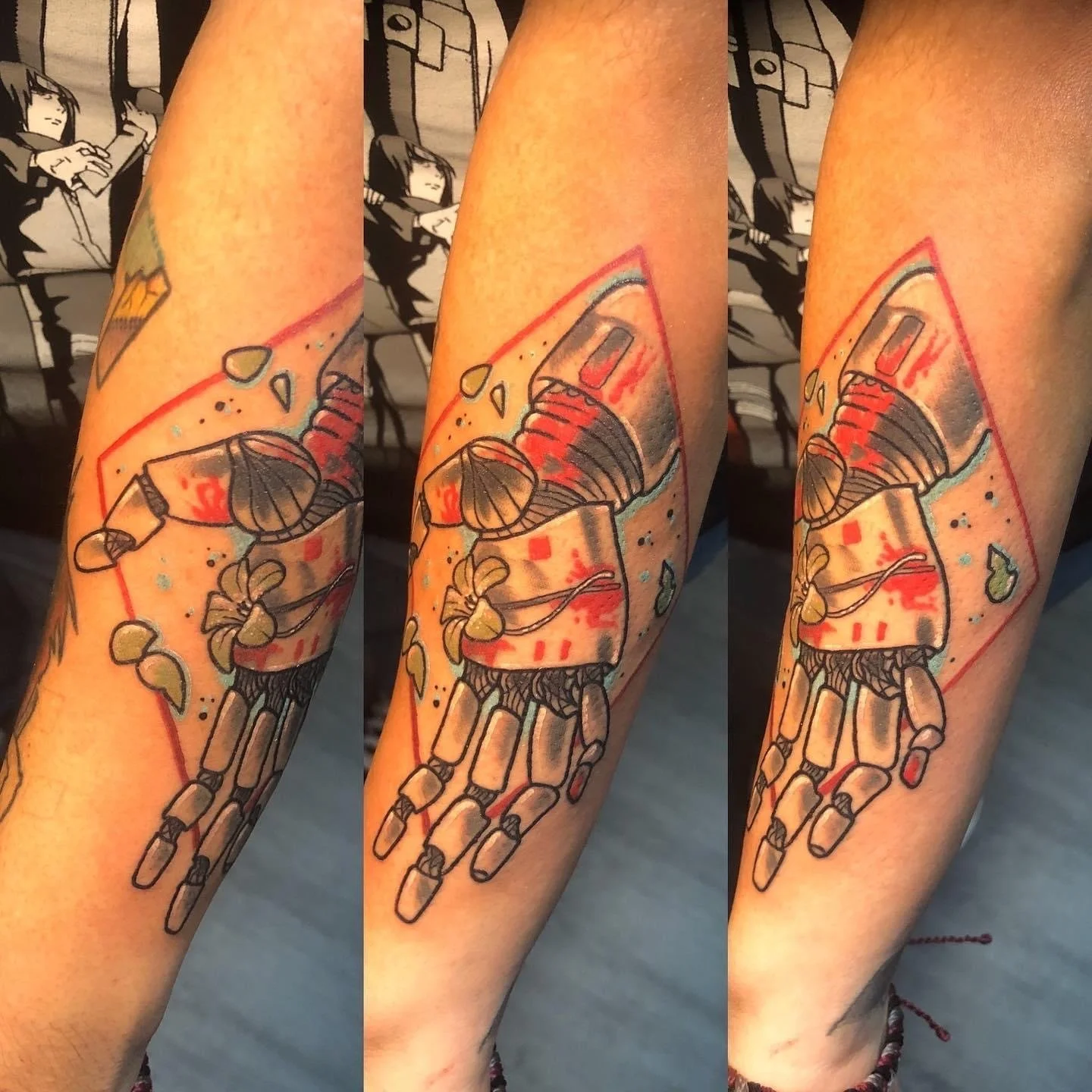 Tattoo of a robotic hand holding a can, with abstract splash effects and red accents on the arm.