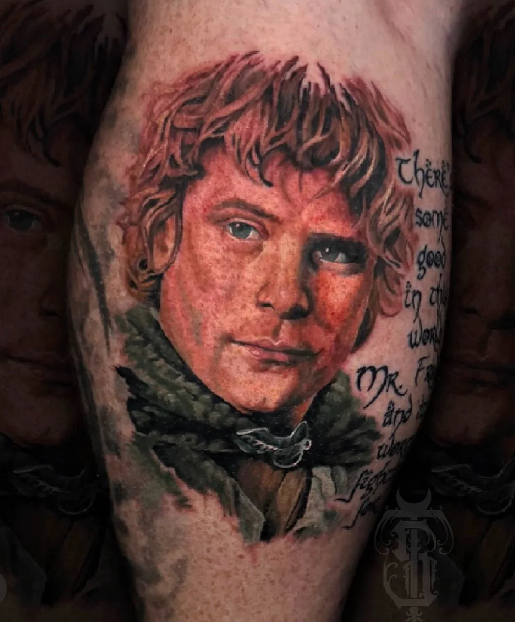 Tattoo of a young woman with blond, curly hair and piercing eyes, featuring a phrase written in cursive handwriting on the right side.