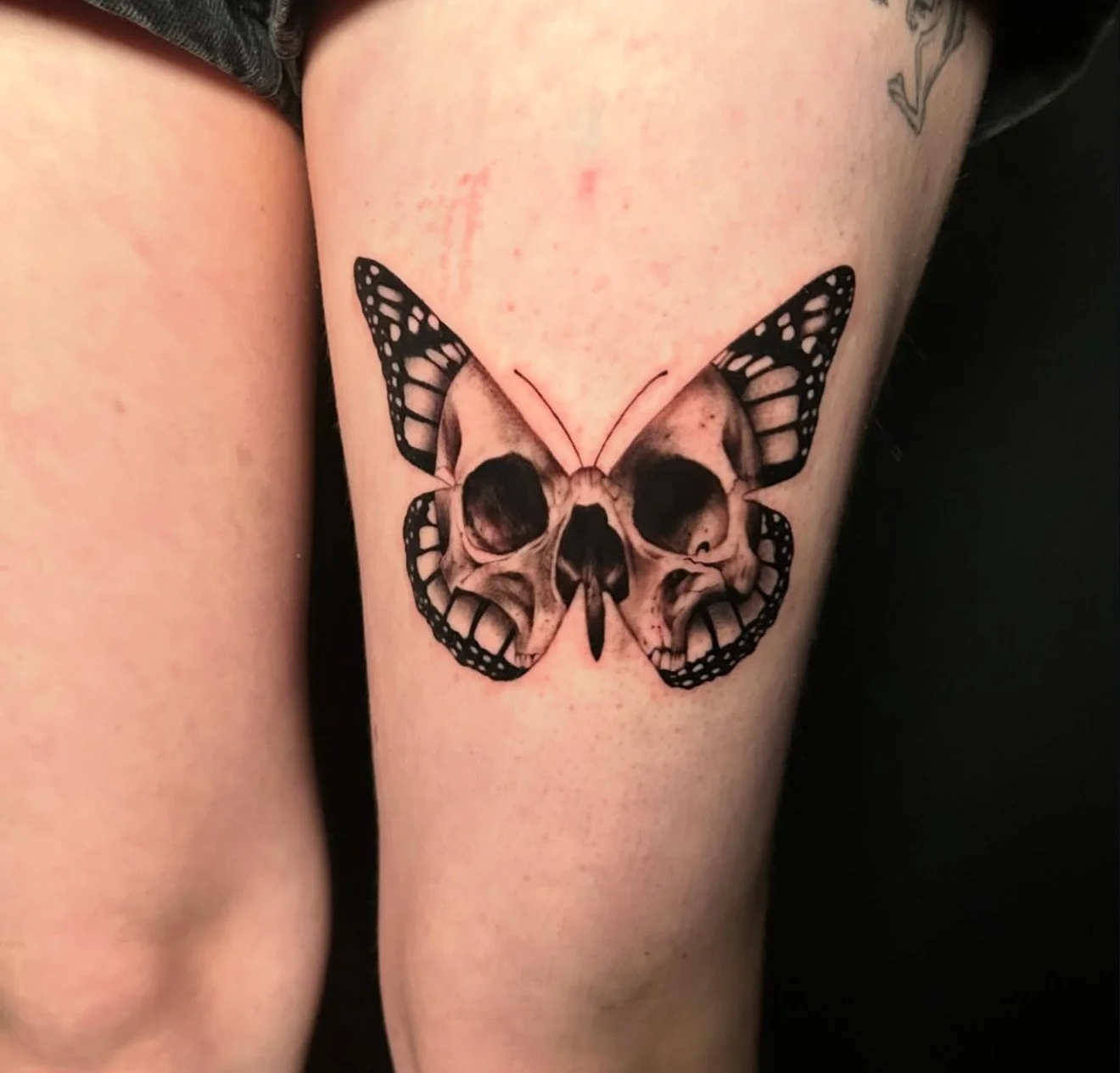 Tattoo of a butterfly with a skull in the center, black and gray shading, on person's thigh.