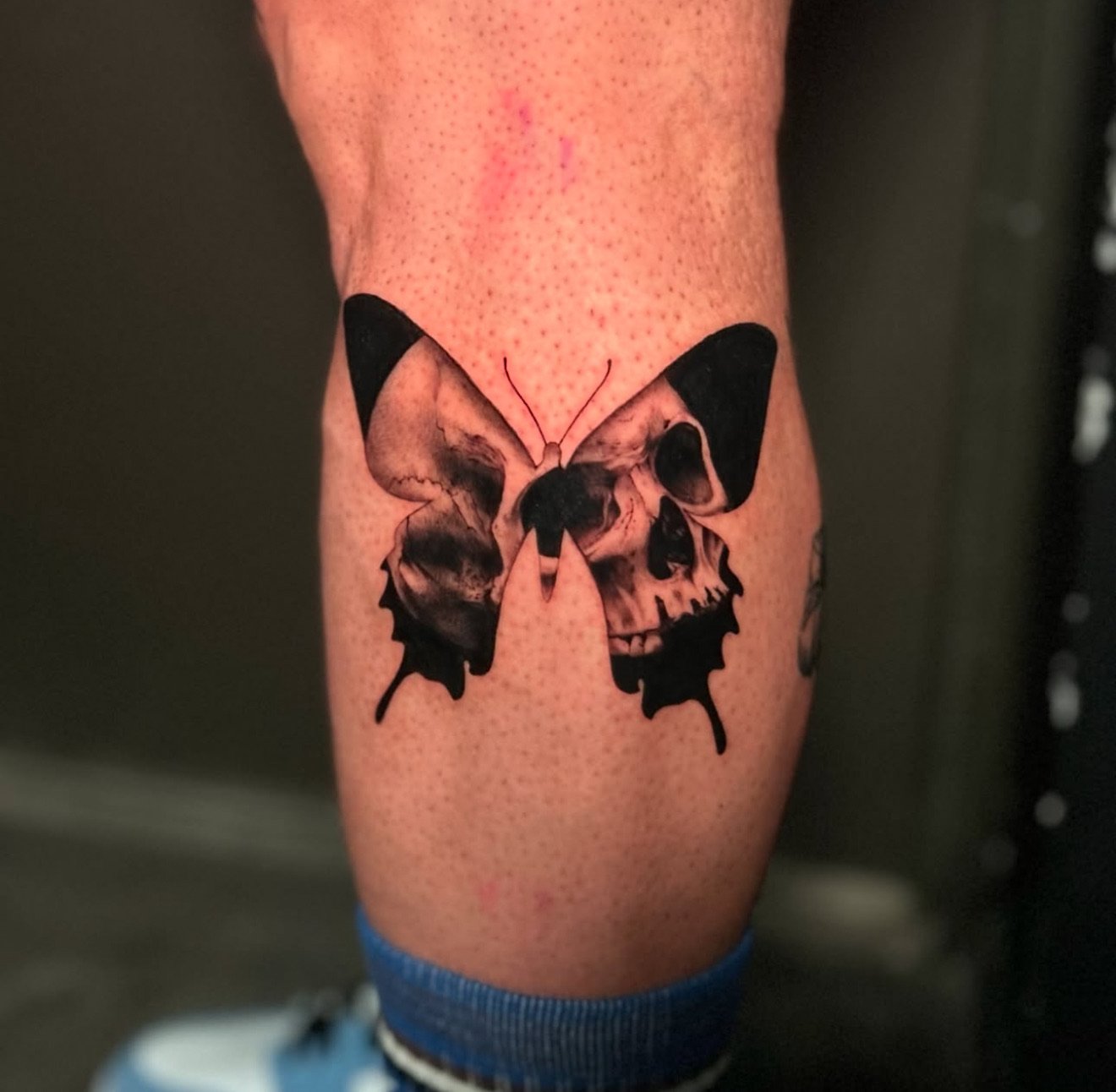 Tattoo of a butterfly with a skull in the center on a person's leg.