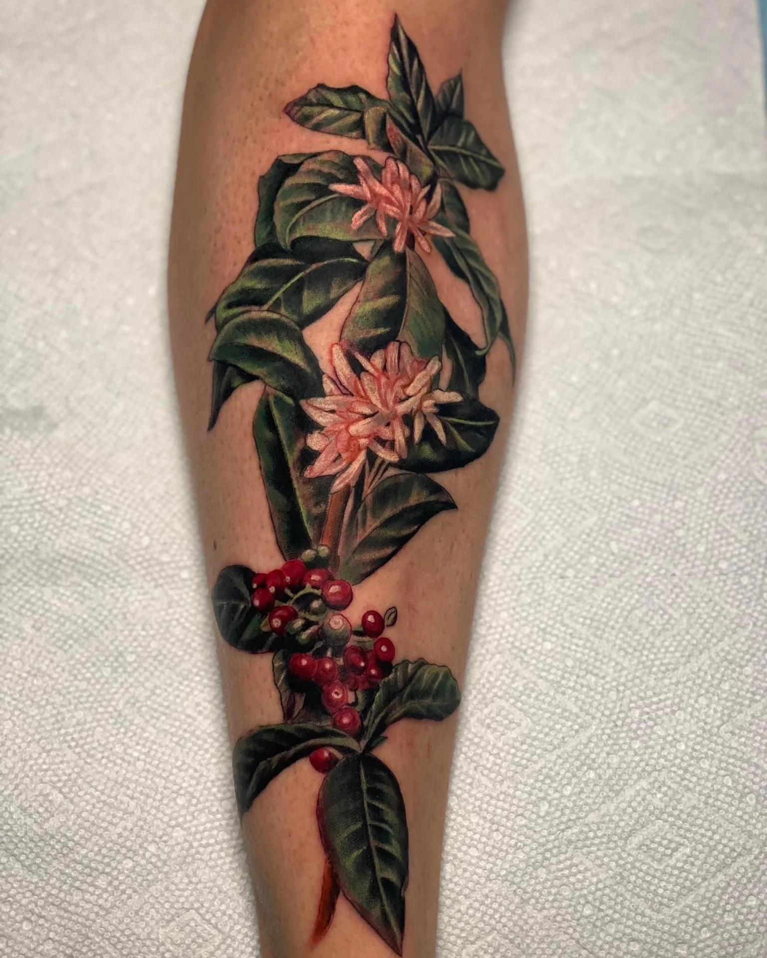 A detailed tattoo on a person's arm featuring a botanical theme with leaves, pink flowers, and red berries.