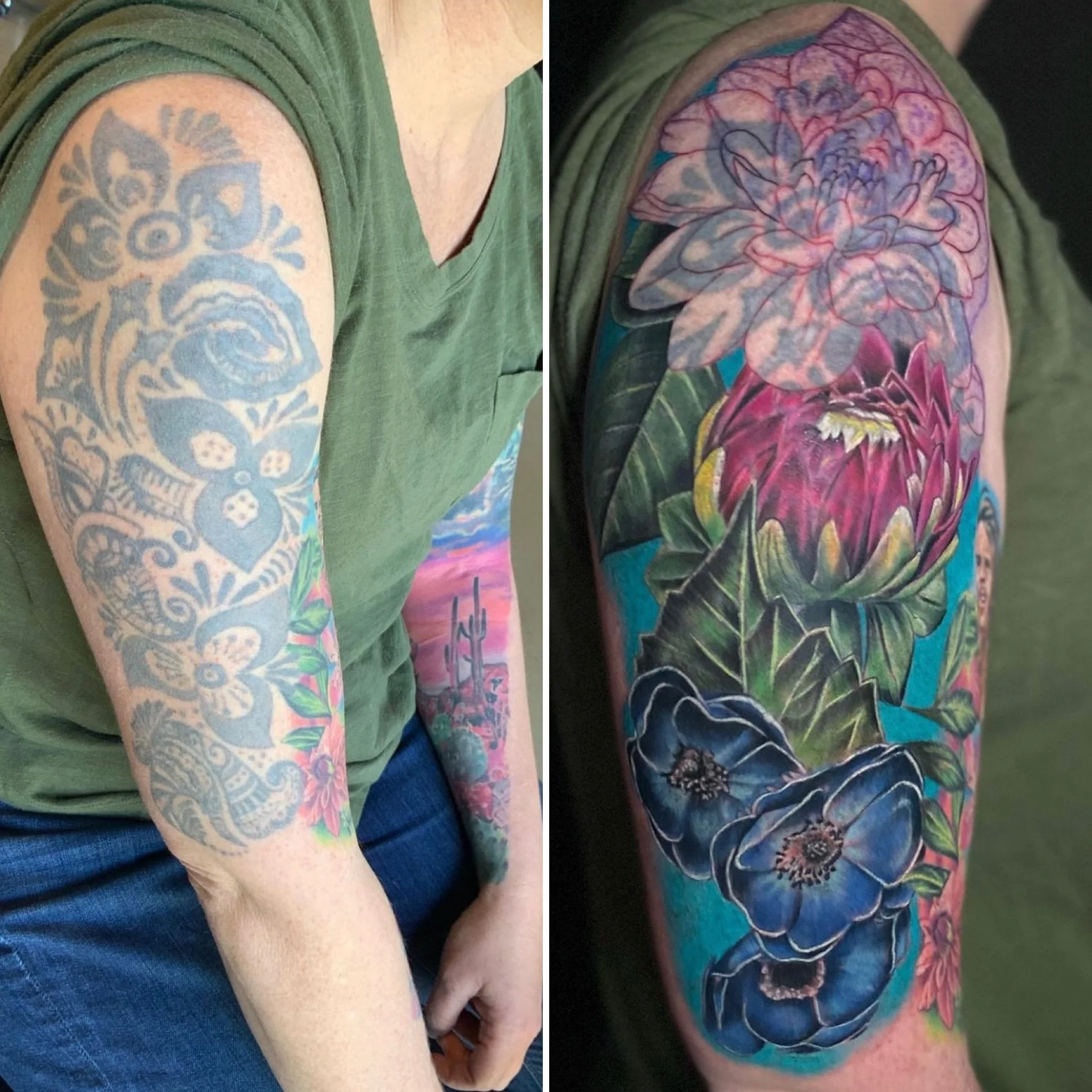 Side-by-side comparison of tattoos on an arm. The left tattoo is a blue, floral, paisley pattern outline. The right tattoo features realistic, colorful flowers including a large pink flower, dark blue flowers, and green leaves with a vibrant backgrou