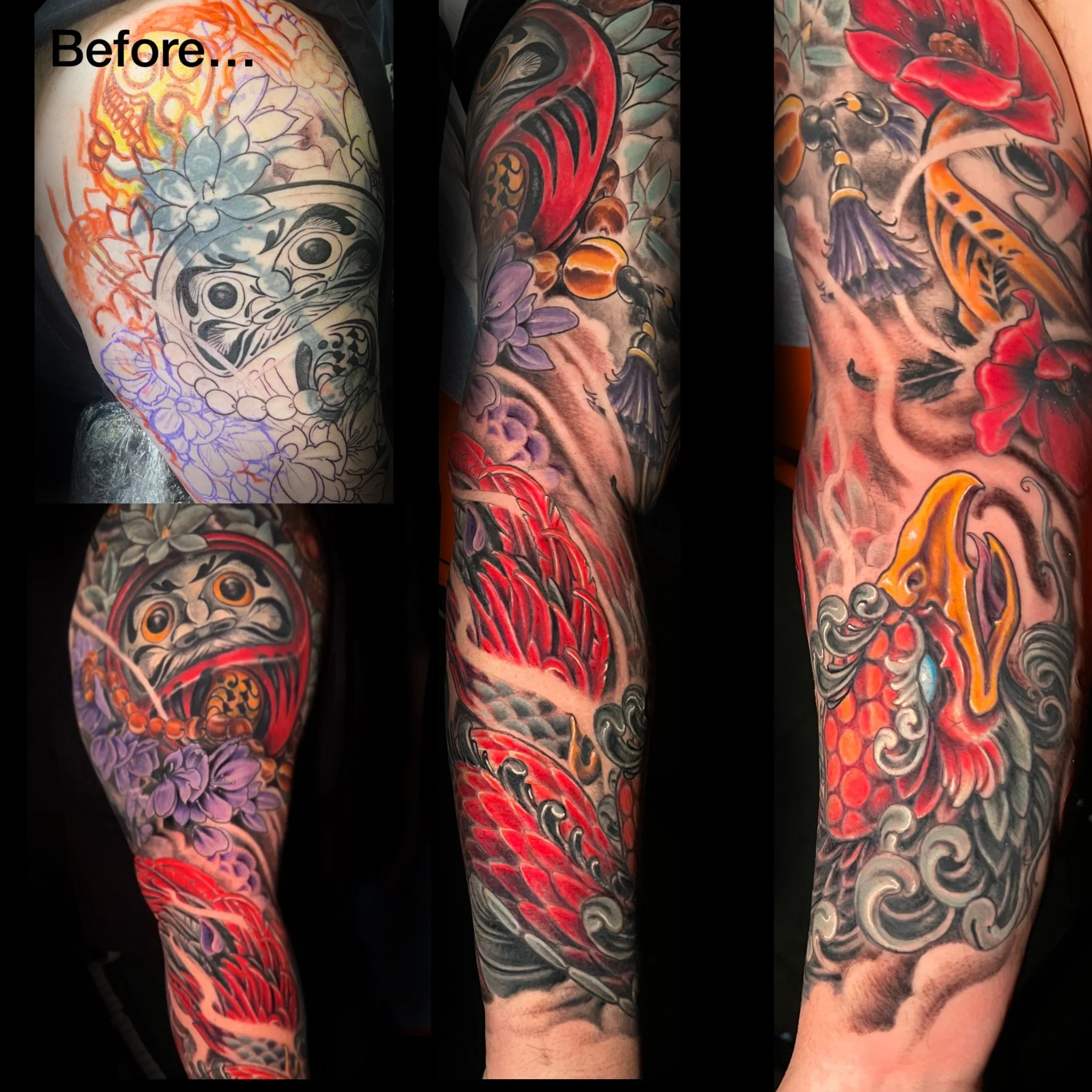 Close-up of a person's tattooed arm featuring colorful floral and abstract designs in shades of orange, purple, red, and black.