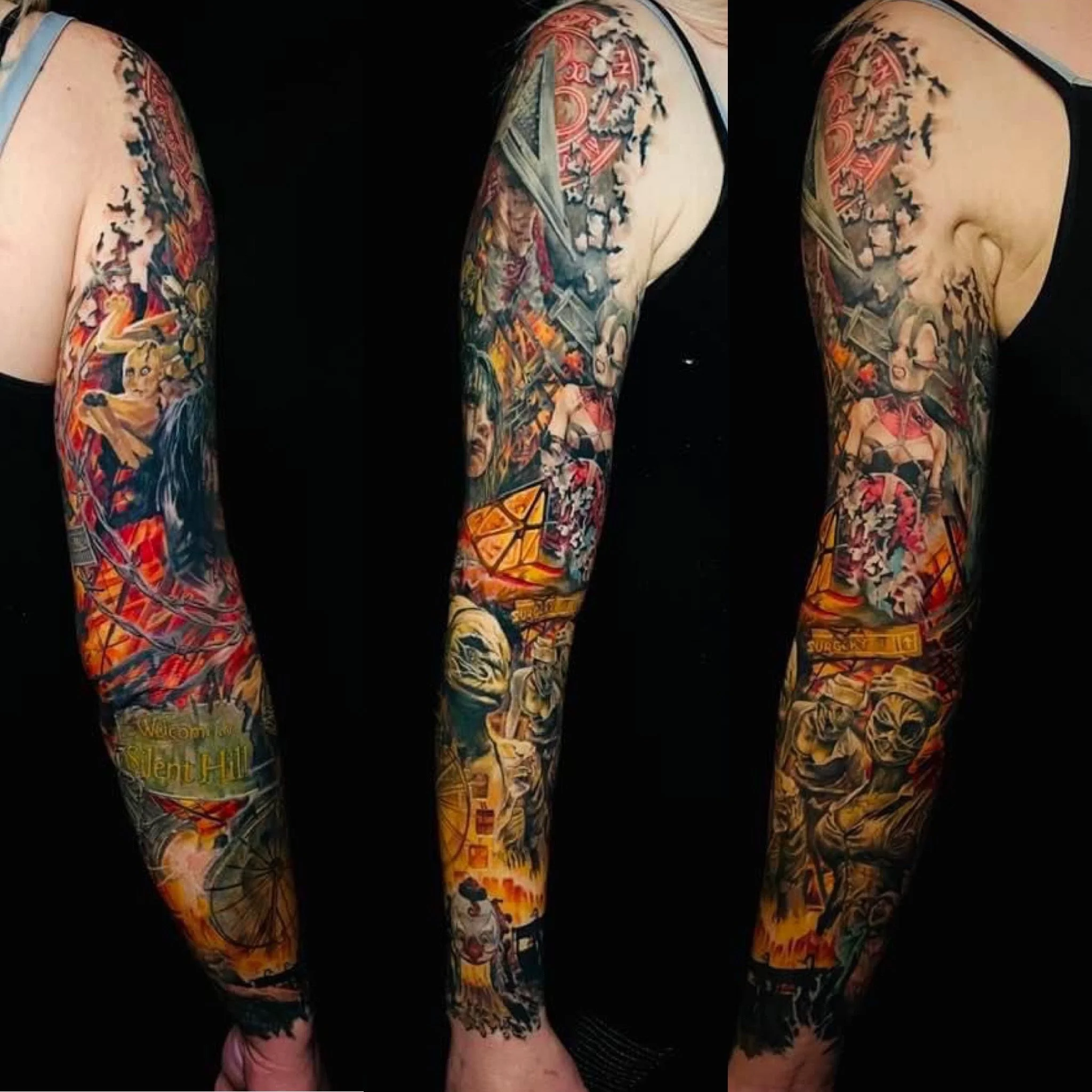 Colorful full-sleeve tattoos featuring various characters, scenes, and symbols on a person's arms.
