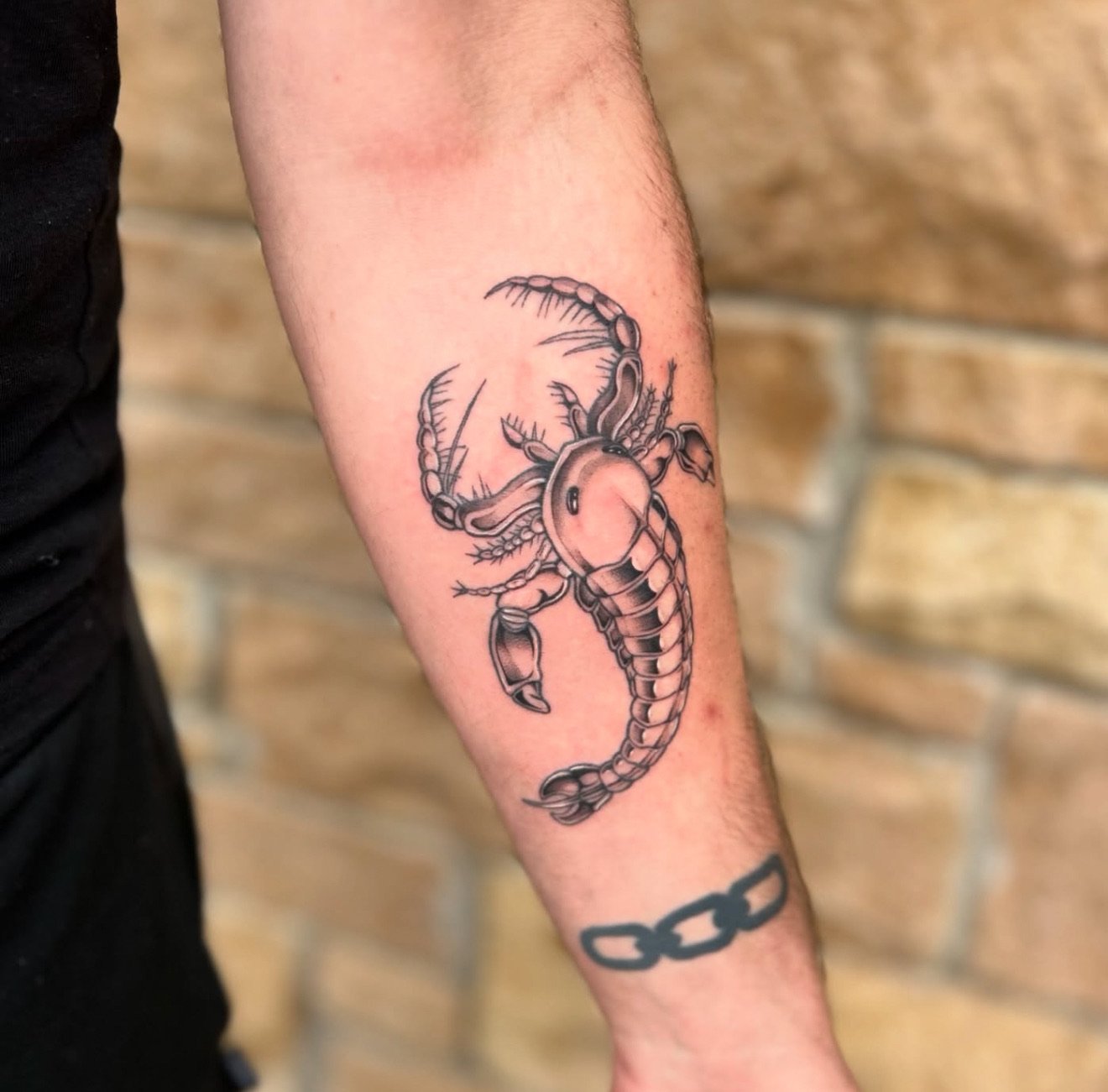 A black and gray tattoo of a scorpion on a person's forearm with a chain tattoo below it. The background is a blurred brick wall.