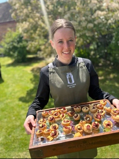 Waitress holding canapes for a wedding reception in Devon.