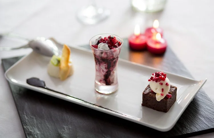 Trio of desserts – lemon panna cotta, Eton mess, chocolate brownie