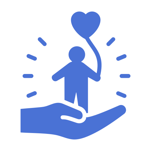 A blue icon of a person holding a heart-shaped balloon, standing on an open hand with lines radiating outward.