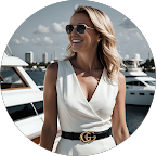 A woman with blonde hair wearing sunglasses, smiling, dressed in a white top, standing outdoors with boats and a city skyline in the background.