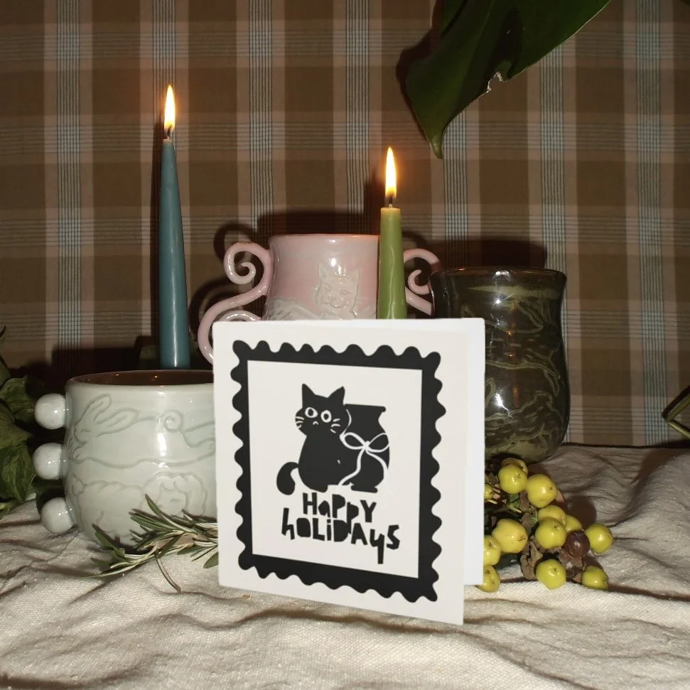 block printed card + holiday gift wrap add on