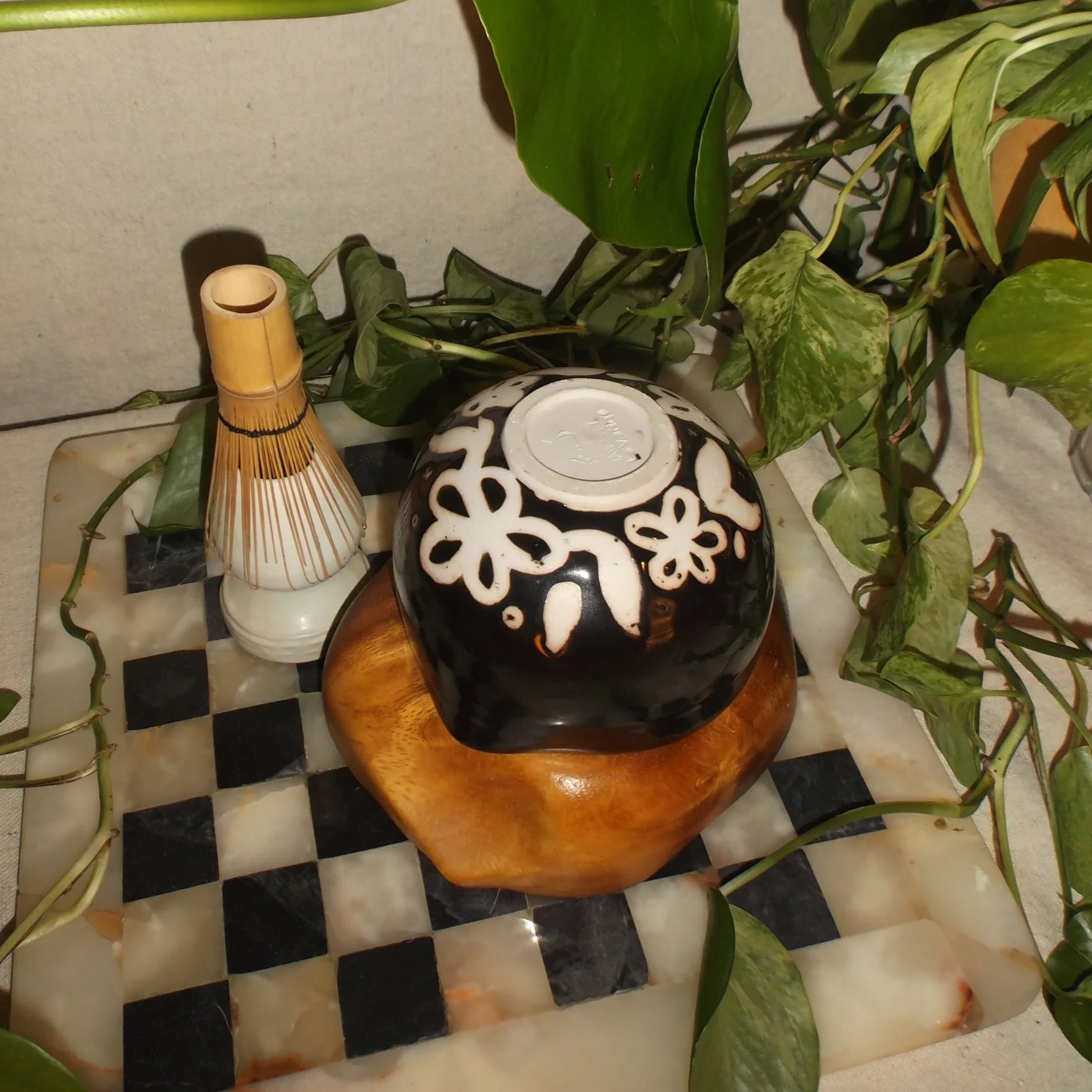 black flower matcha bowl