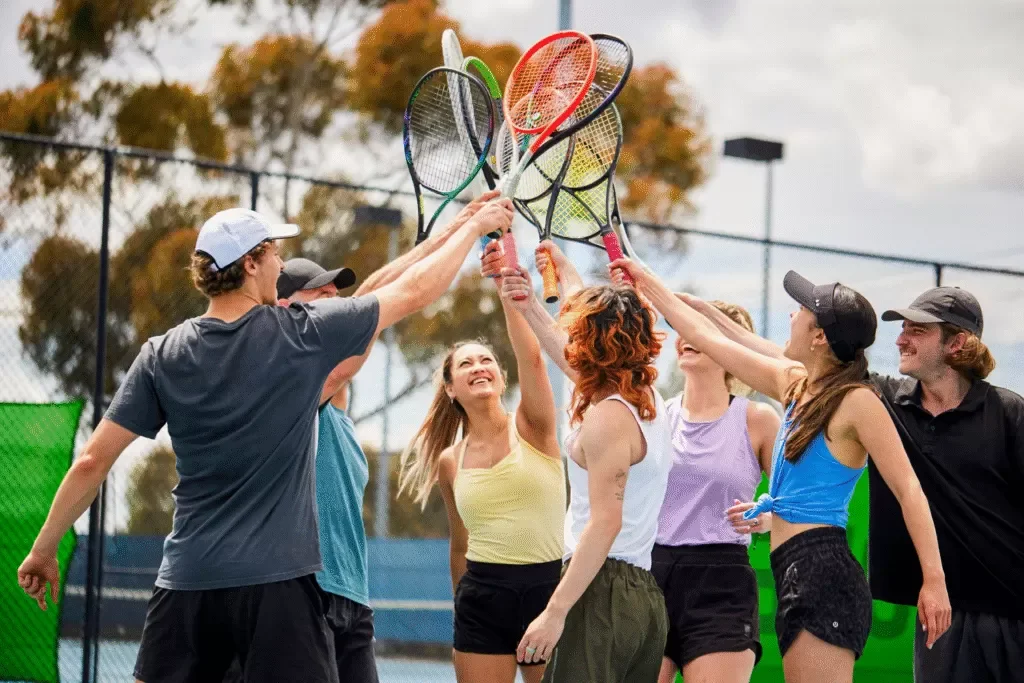 Group of young tennis players celebrating on an outdoor tennis court by raising tennis rackets together.