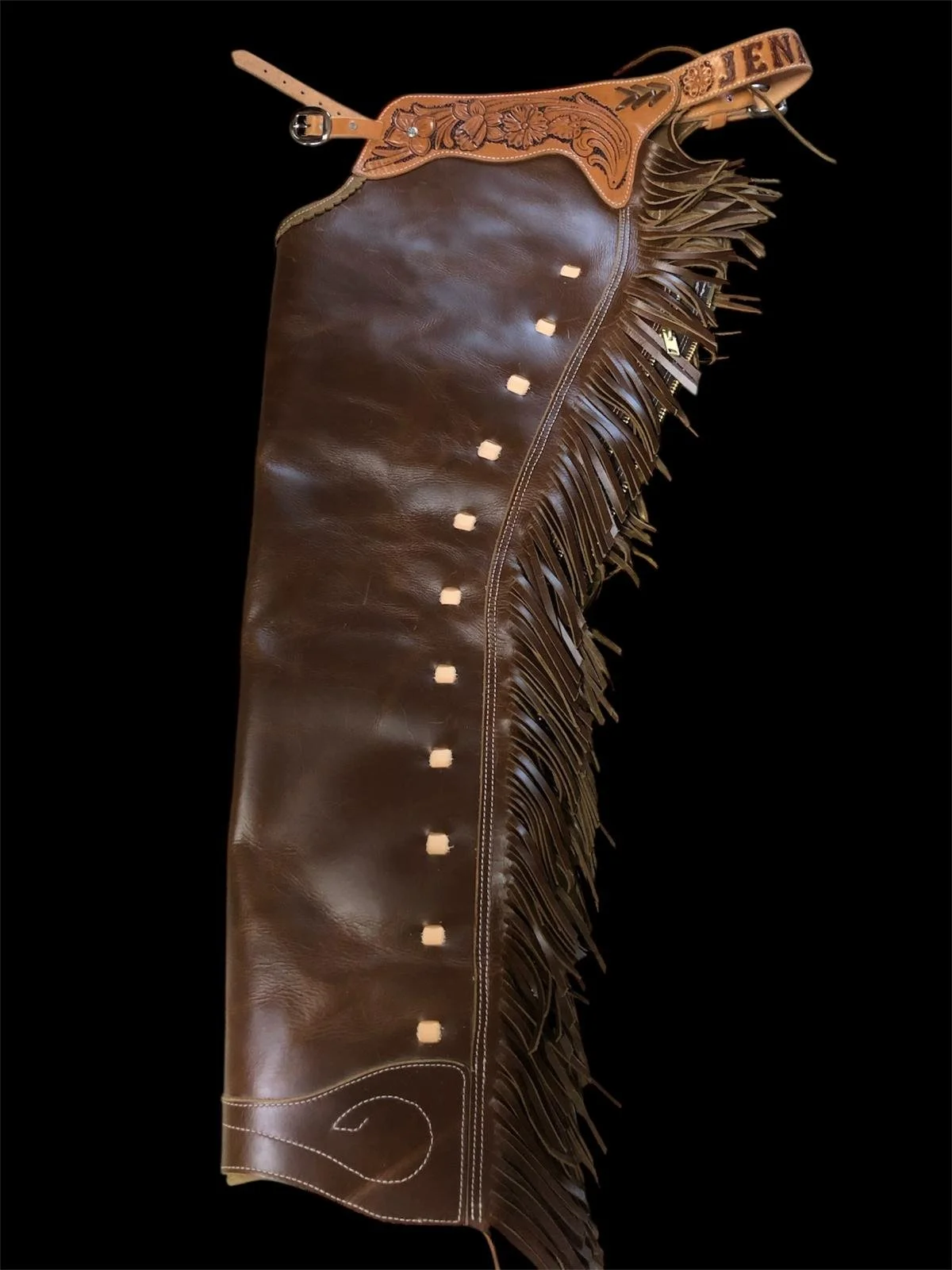 shotgun chaps with flowers, buckstitching