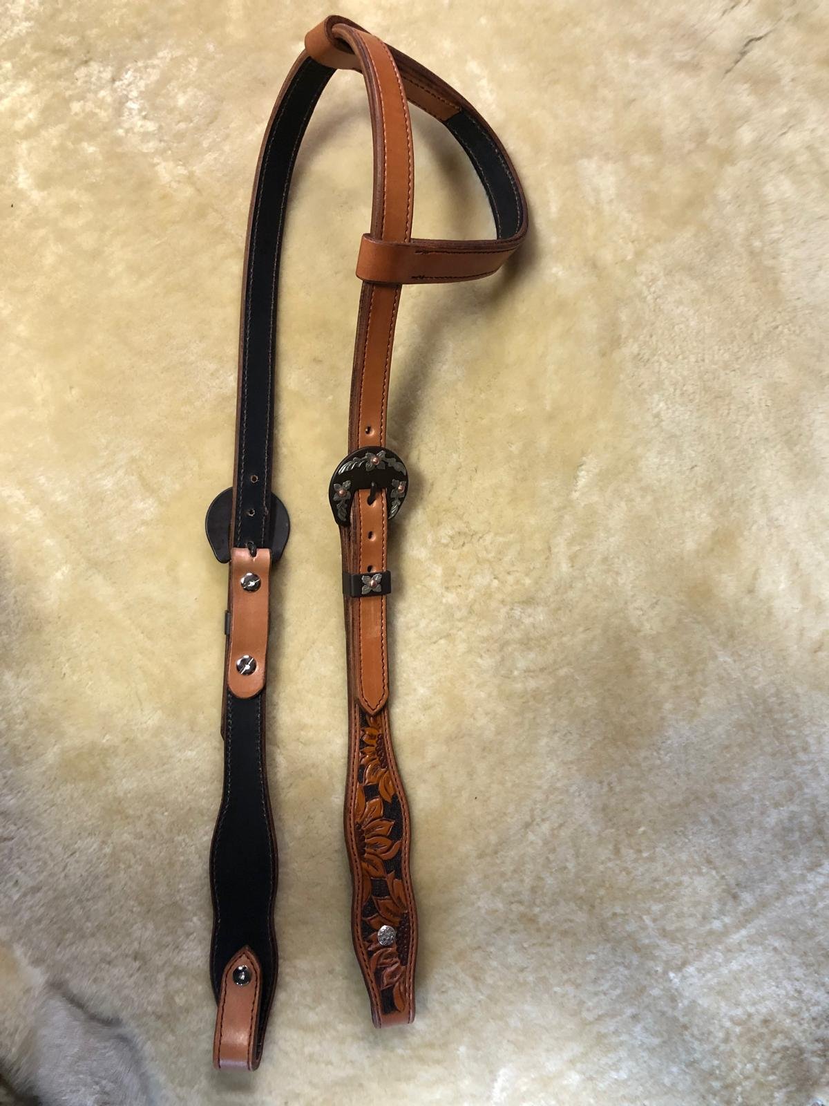 one ear headstall with carved sunflowers