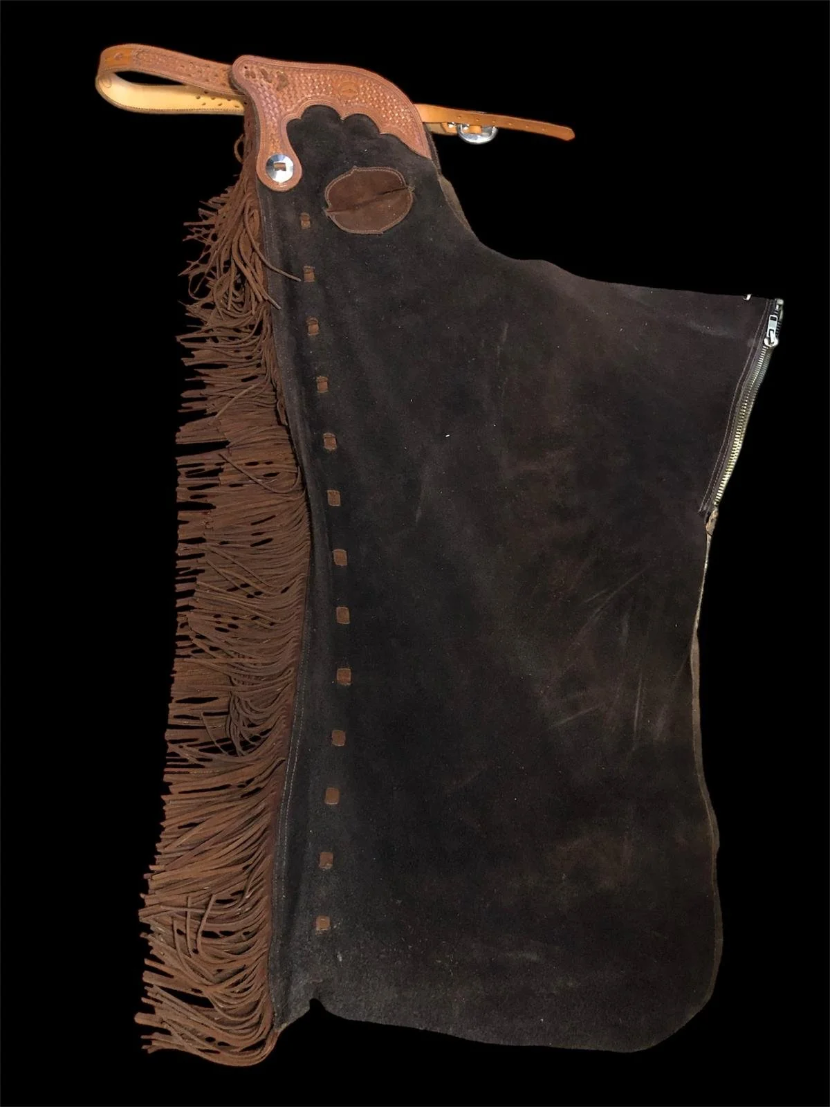 cutting show chaps with short zipper, pocket and buckstitching