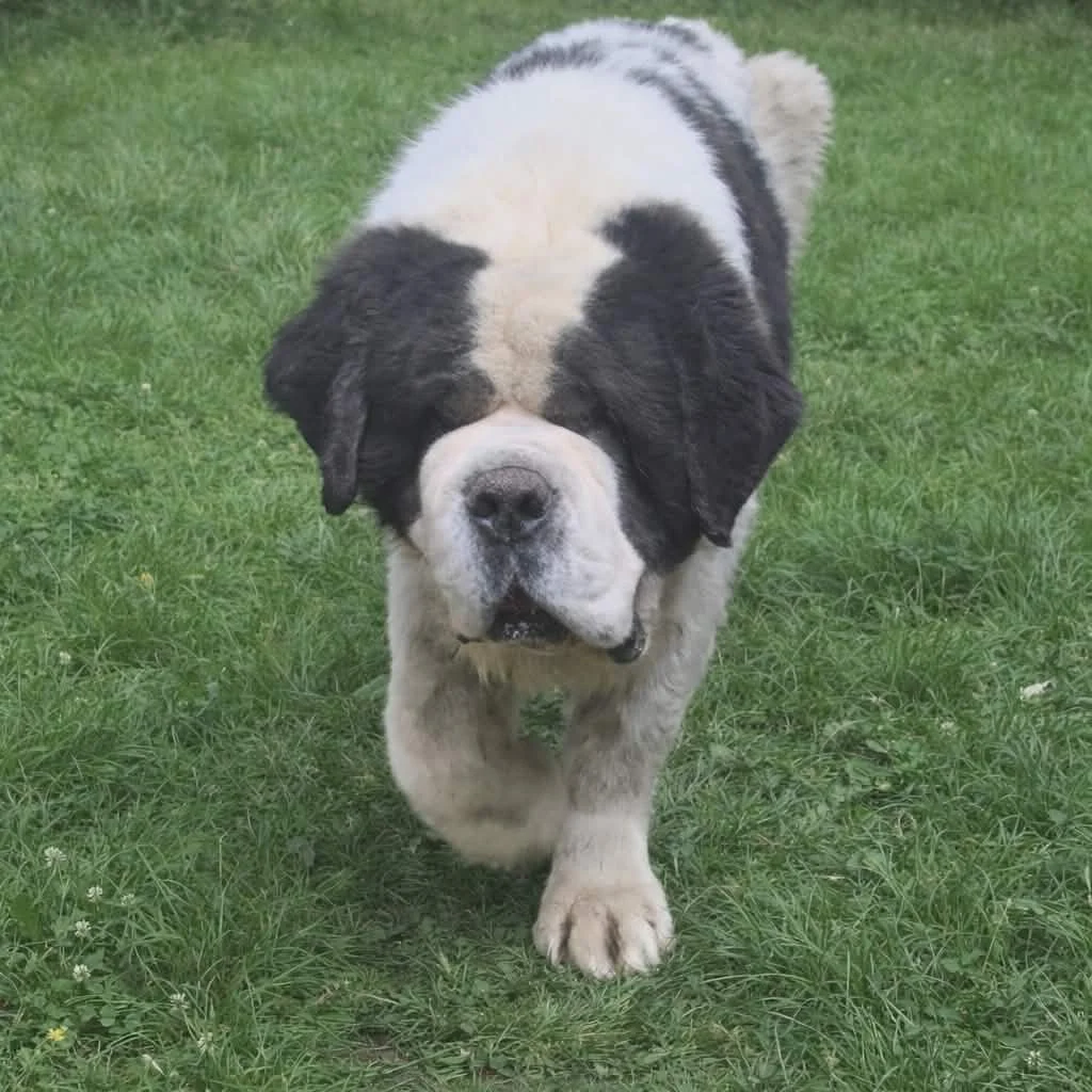 A large Saint Bernard dog walking on green grass.