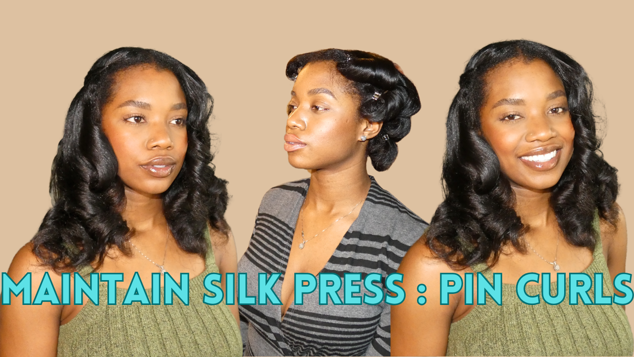 Three women with styled hair, the middle woman has pin curls, and the two women on the sides have loose, wavy hairstyles, with text overlay "Maintain Silk Press: Pin Curls."