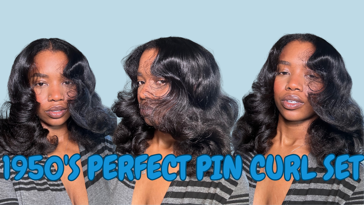 A woman with long, black, pin curl styled hair posing in three different angles against a light blue background, with the text '1950's Perfect Pin Curl Set' at the bottom.