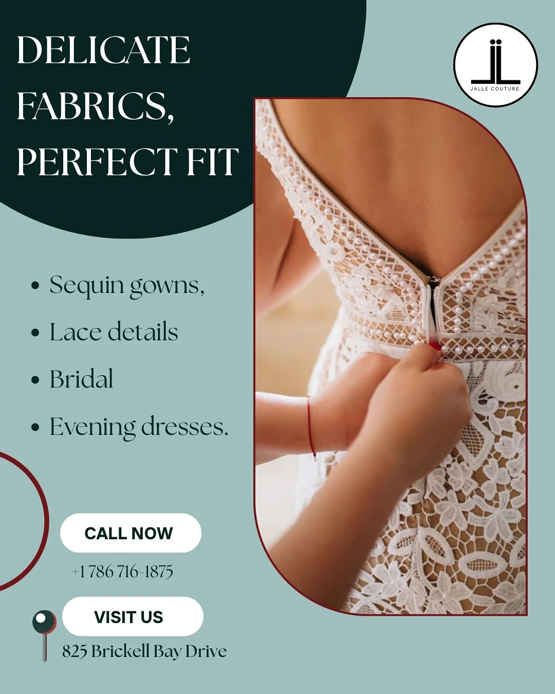 Delicate fabrics, perfect fit! 

At JALLE Couture we specialize in the most challenging alterations: sequin gowns, lace details, and bridal or evening dresses.

Every stitch is handled with expert care &mdash; because your special dress deserves prec