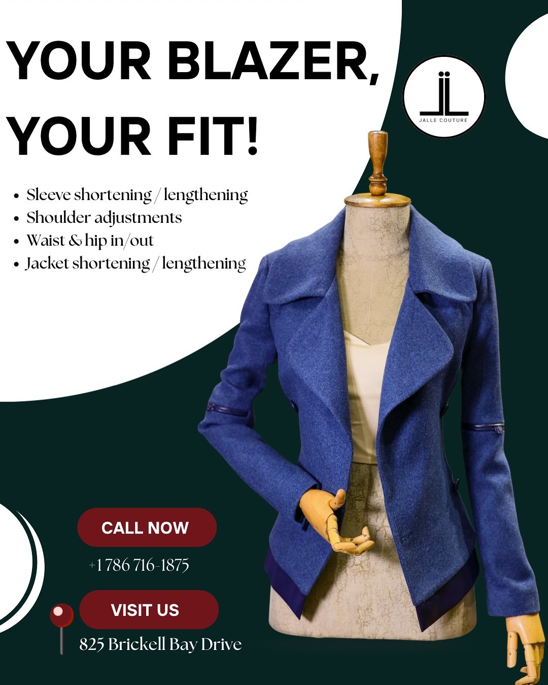 Tailored to Perfection 
From sleeves to waist, we make your jackets and blazers fit like they were made for you. 

Sleeve shortening / lengthening
Shoulder adjustments
Waist &amp; hip in/out
Jacket shortening / lengthening

📍 Brickell Bay Dr, Miami 