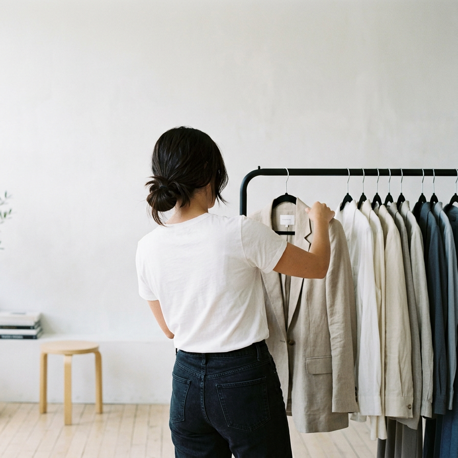 Woman shopping for blazers at clothing rack in store.