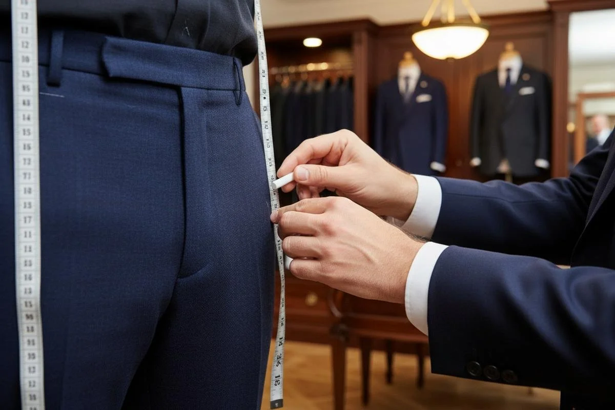 Someone measuring the waist of a person wearing blue dress pants, with a measuring tape. The background shows a store with suits on mannequins and racks.