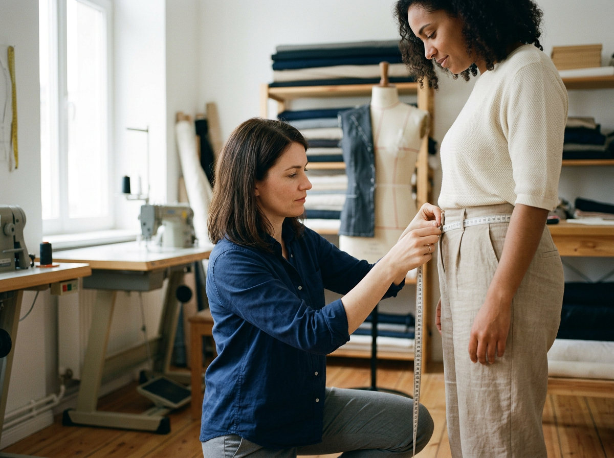 A fashion designer measuring a woman's waist with a measuring tape in a sewing studio.