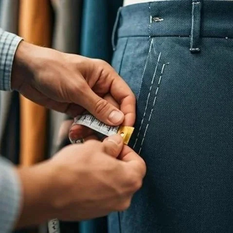 Person measuring the waist of a pair of blue pants with a tape measure in a store.