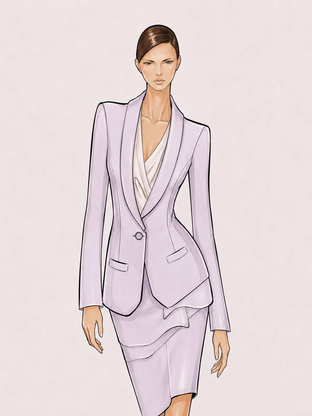 Drawing of a woman with short brown hair wearing a light purple business suit with a pencil skirt and a white blouse, standing against a plain background.