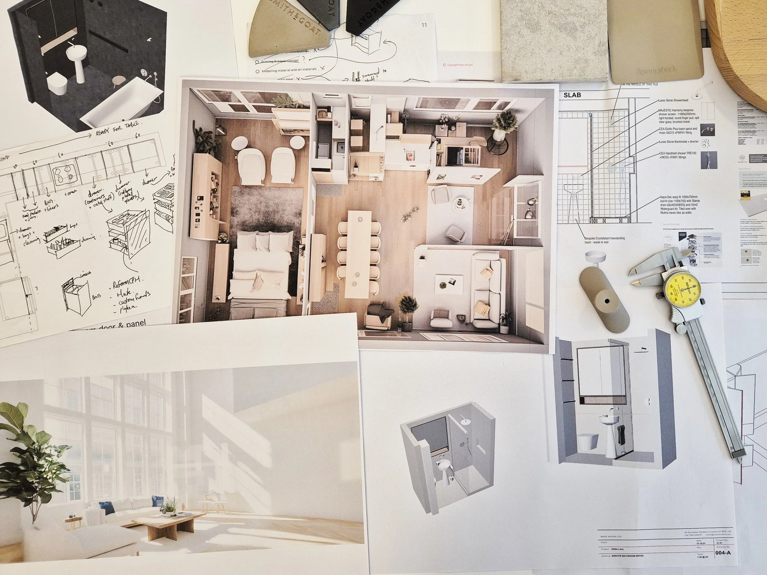 Architectural plans and design sketches for a residential interior, including a 3D rendering of a living room and bathroom, along with technical drawings, notes, and drafting tools.