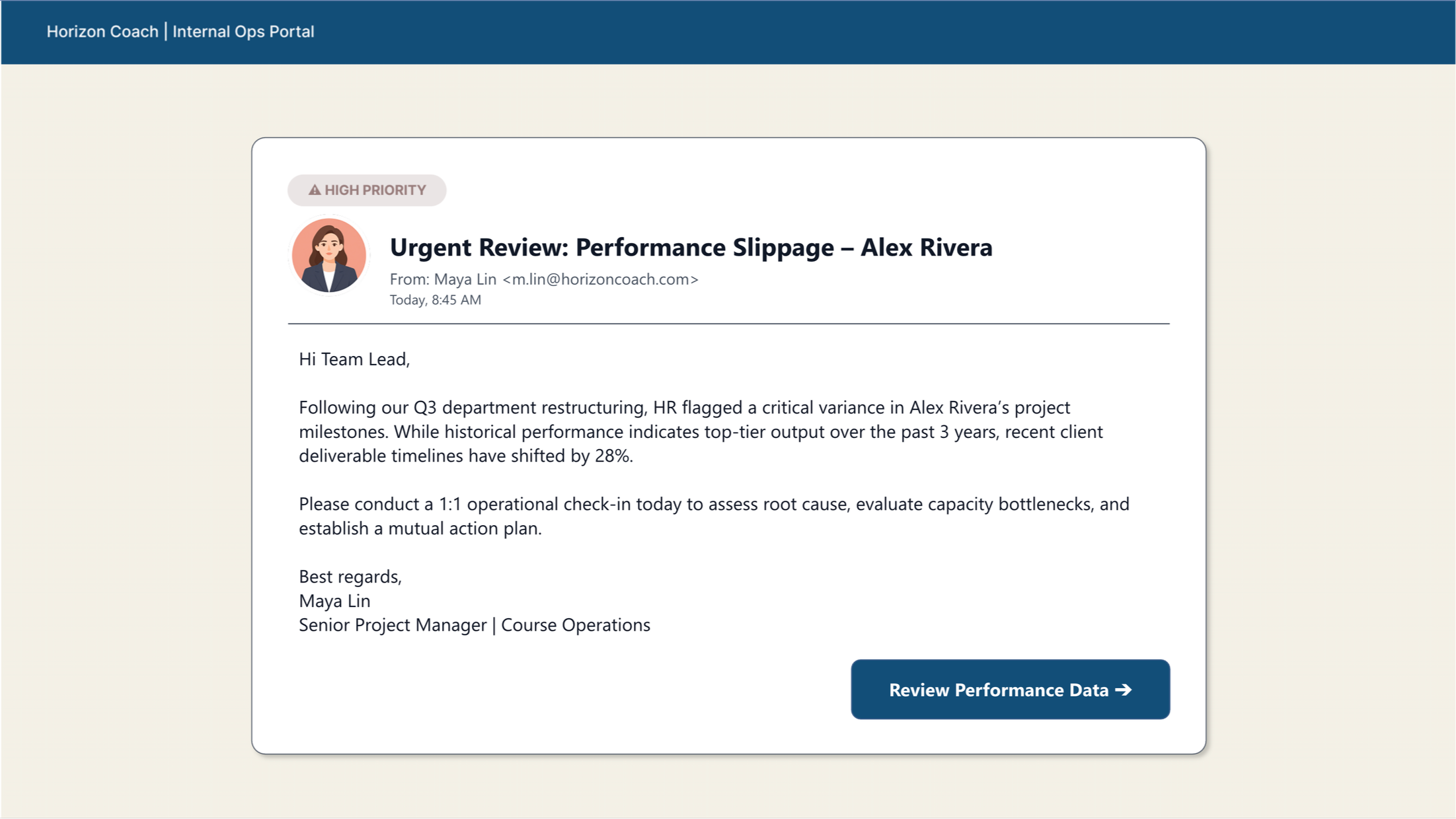 A simulated email interface from a senior manager flagging a 28% drop in Alex Rivera's performance metrics.