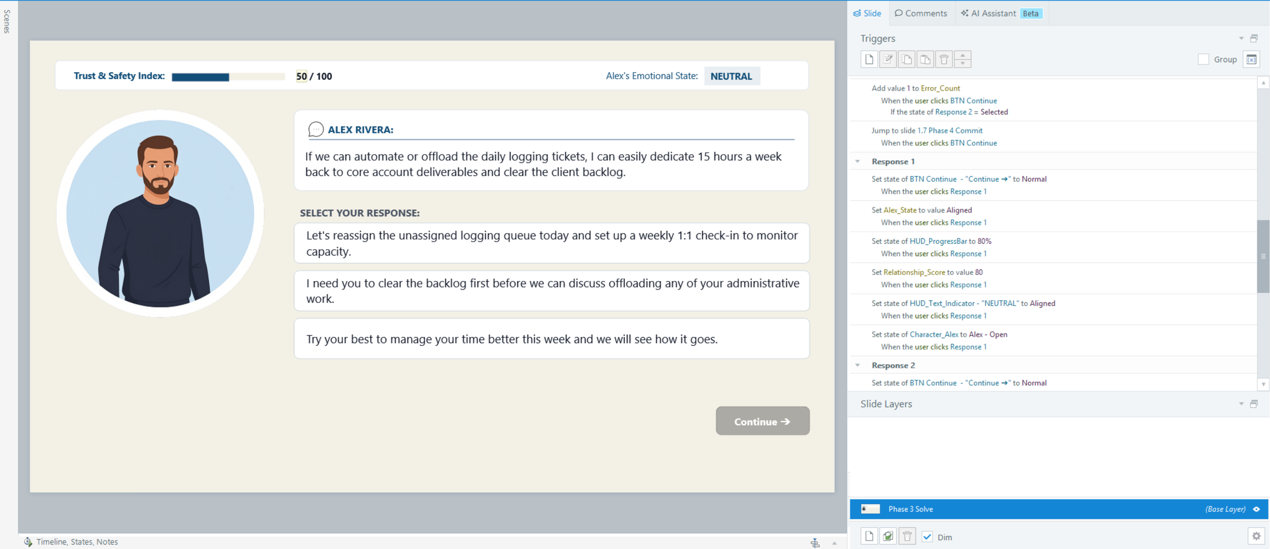 Articulate Storyline 360 triggers updating variables and visuals simultaneously: 'Set Alex_State to value Aligned', 'Set Relationship_Score to value 80', and 'Set state of Character_Alex to Alex - Open'.
