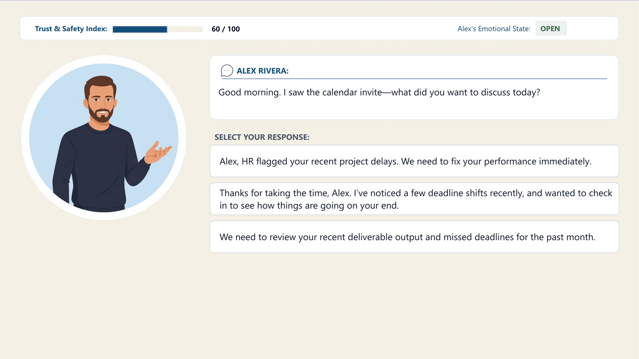 The same Phase 1 conversation interface as the directive path. The Trust Index is at 60/100, the emotional state is Open, and the employee's posture is relaxed with an open, upturned palm.