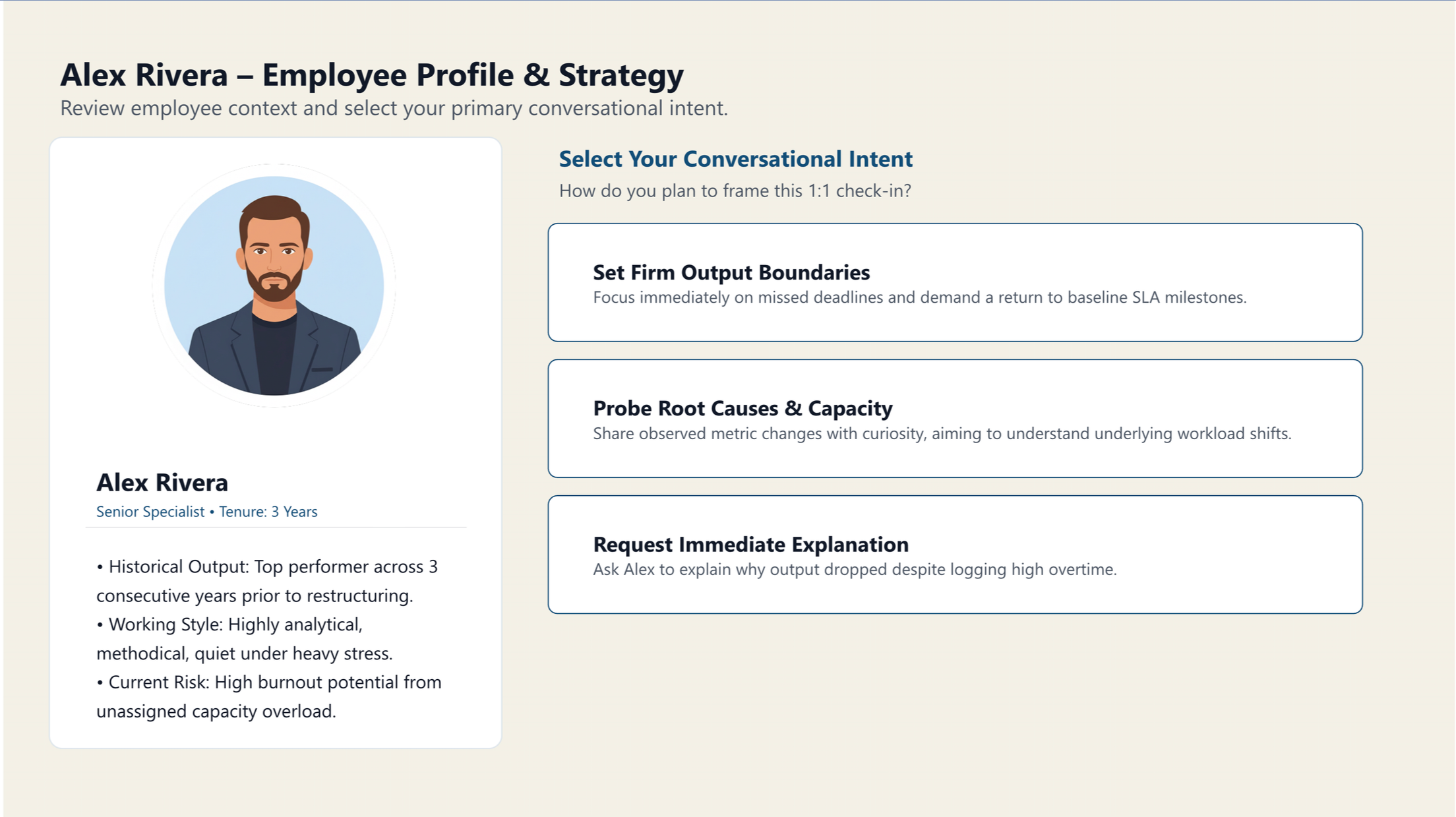 An employee profile screen where the learner must select their conversational intent from three options before the meeting begins.