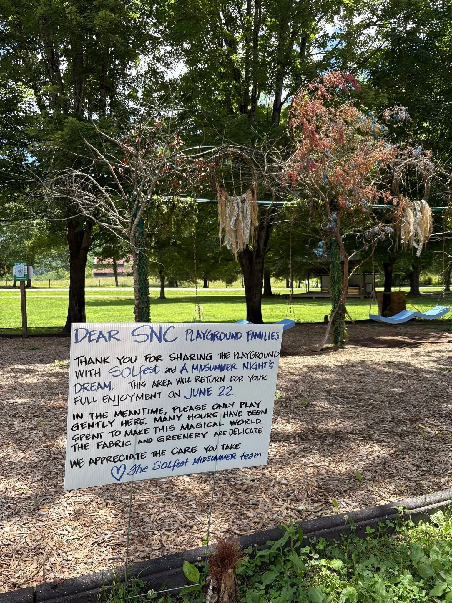 A note from the SOLfest Midsummer team!

As we prepare for this year's production, you'll notice some set pieces in and around the playground area. The playground remains open, and we encourage everyone to play gently and with care while we share the