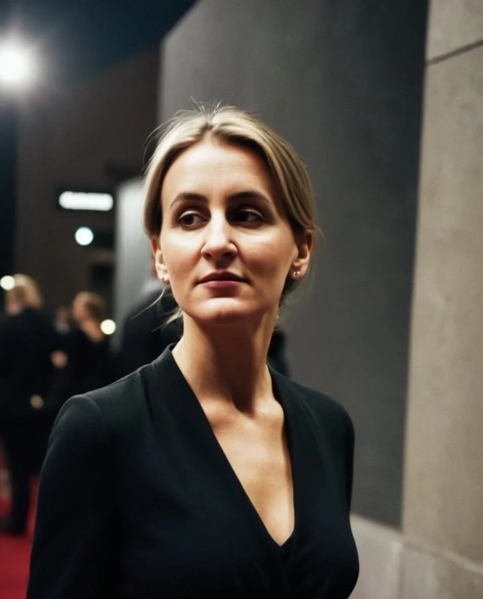 A woman with blonde hair and a black blazer standing indoors, facing slightly to the right, with a neutral expression, with people in the background at what appears to be a formal event.