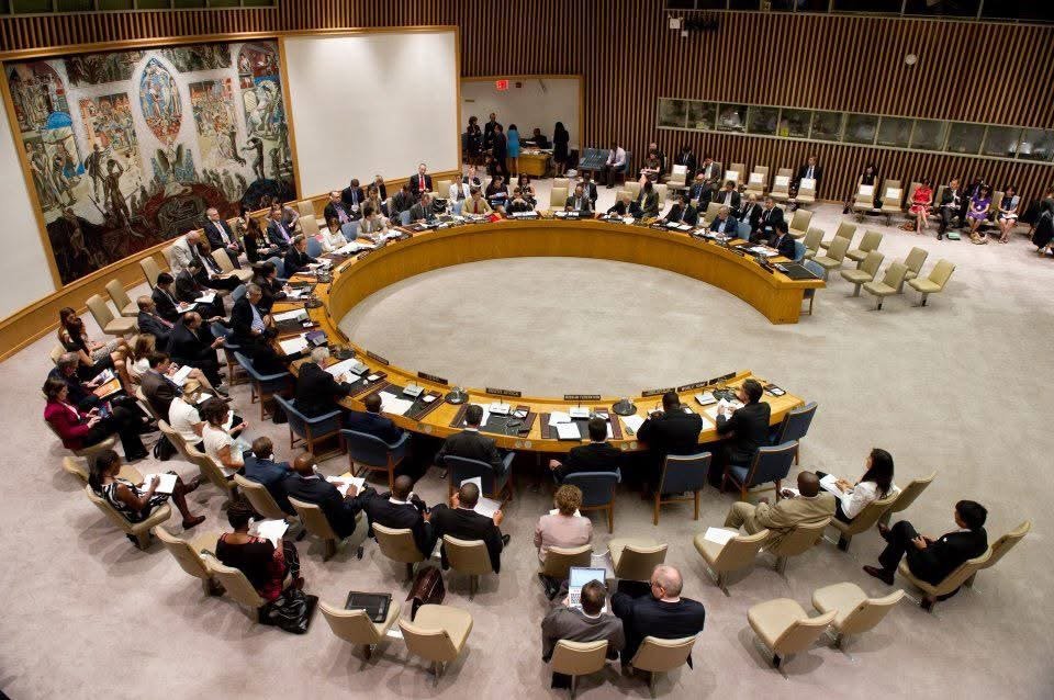 Sarah Hearn OBE is sitting at the UN Security Council in the cheap UN staff seats at the back. She is visible in a red dress, the only color among the dignitaries.