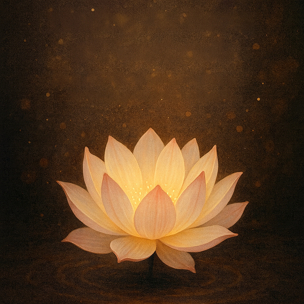A glowing white lotus flower floating on water with a dark background and small glowing particles.
