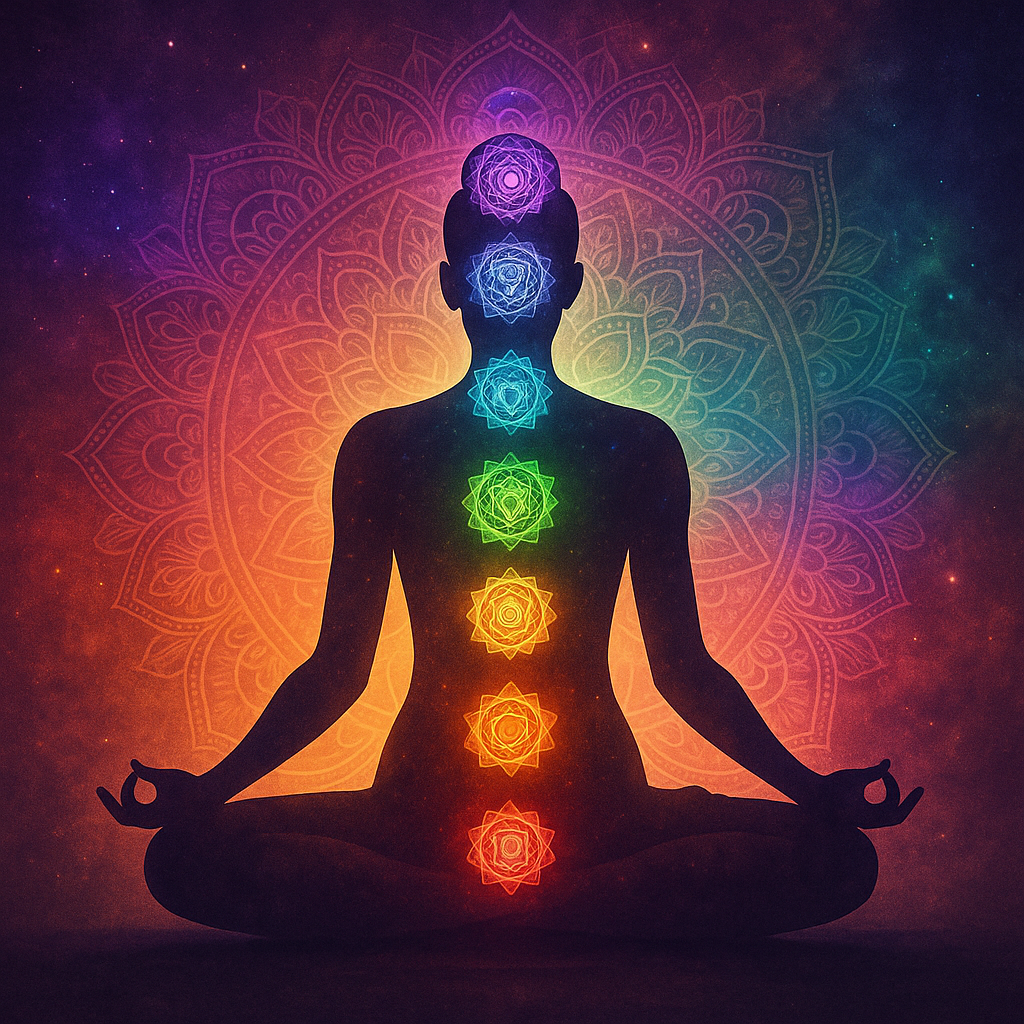 Silhouette of a person sitting in a meditation pose with chakra symbols aligned vertically on the body, glowing in rainbow colors against a colorful cosmic background with mandala patterns.