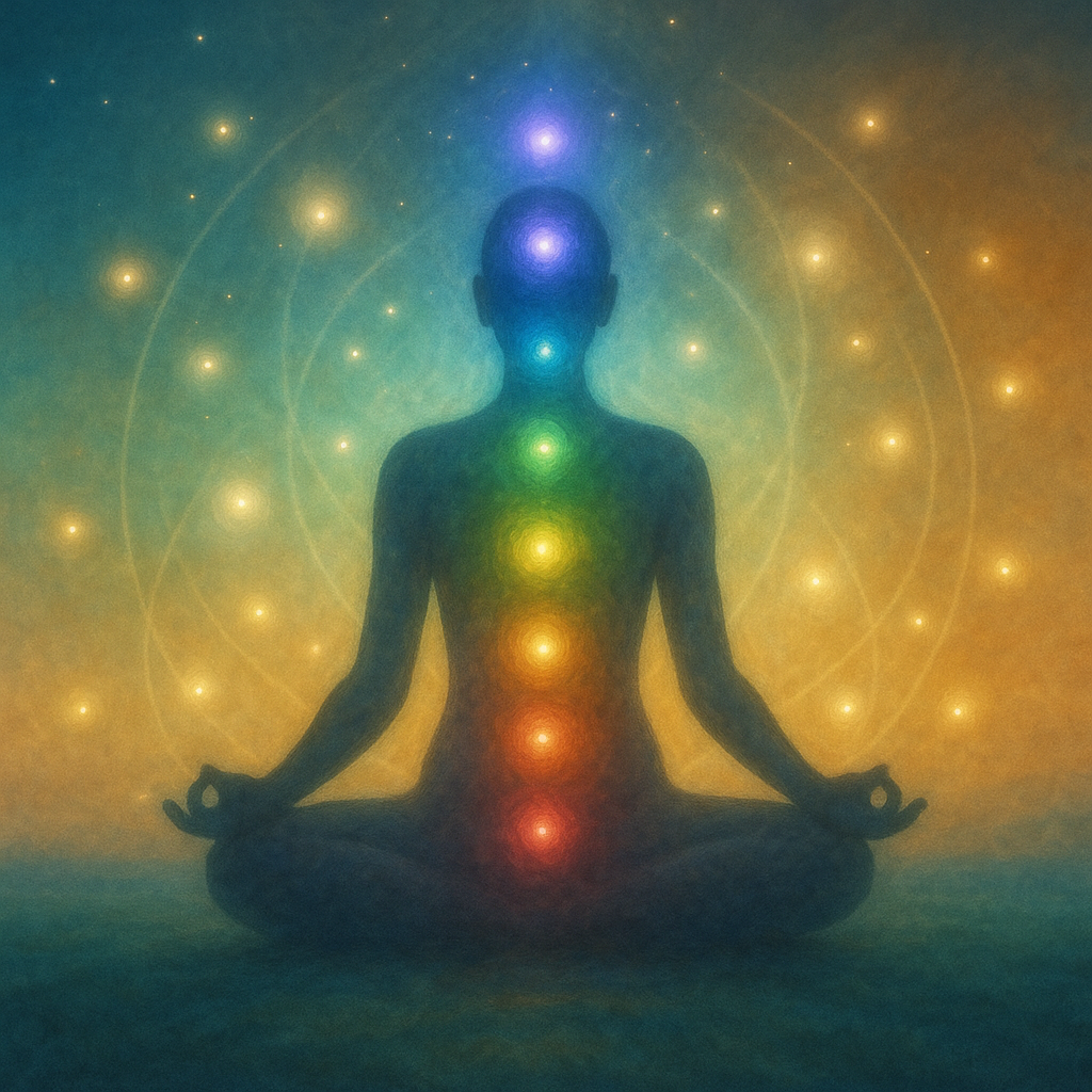 A person sitting cross-legged in a meditative pose with illuminated chakra points along their body, depicted as glowing orbs in different colors.