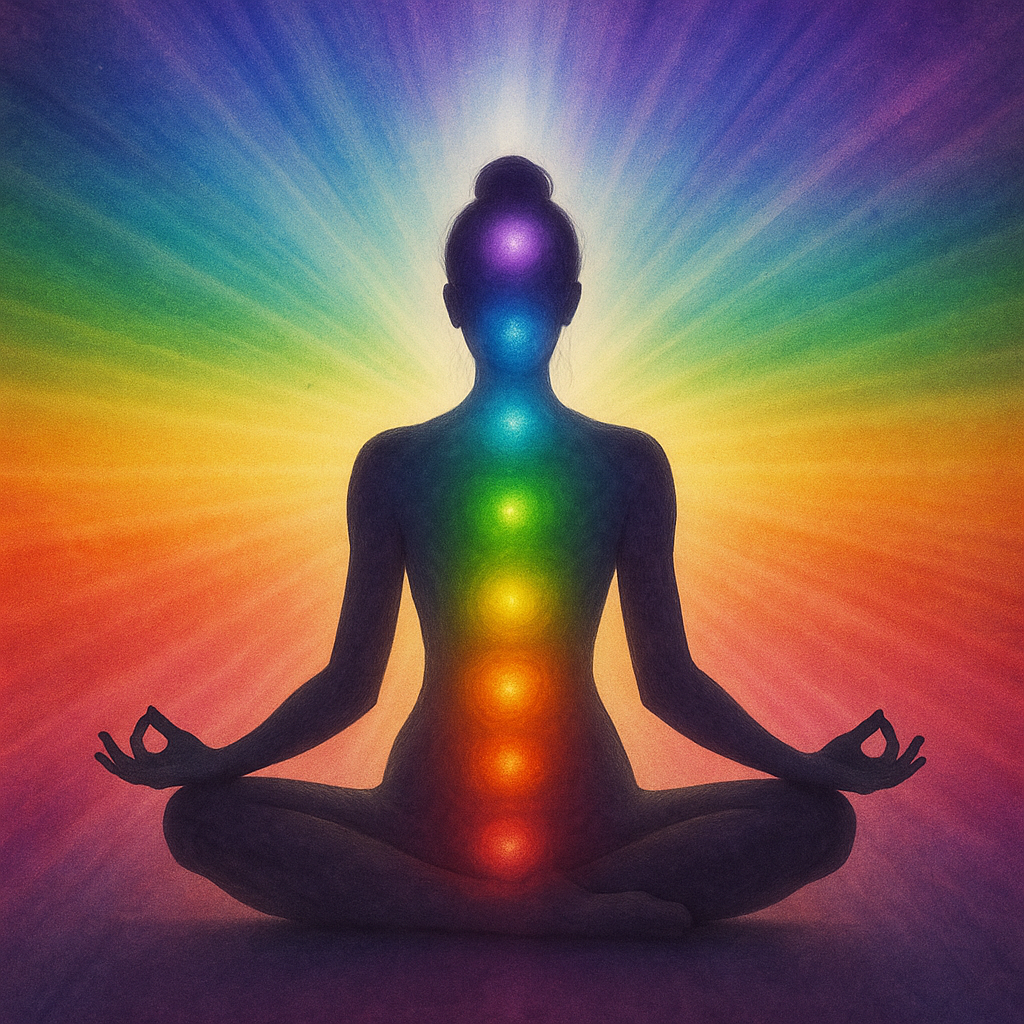 Silhouette of a person in a yoga pose seated cross-legged with hands on knees, practicing meditation, with a rainbow-colored aura and chakras aligned from head to pelvis in a vibrant, multicolored background.