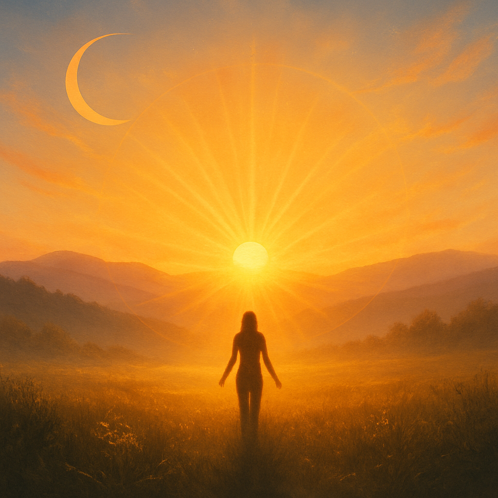 A silhouette of a woman standing in a field during sunrise, with sun rays radiating outward, a crescent moon in the sky, and mountains in the background.