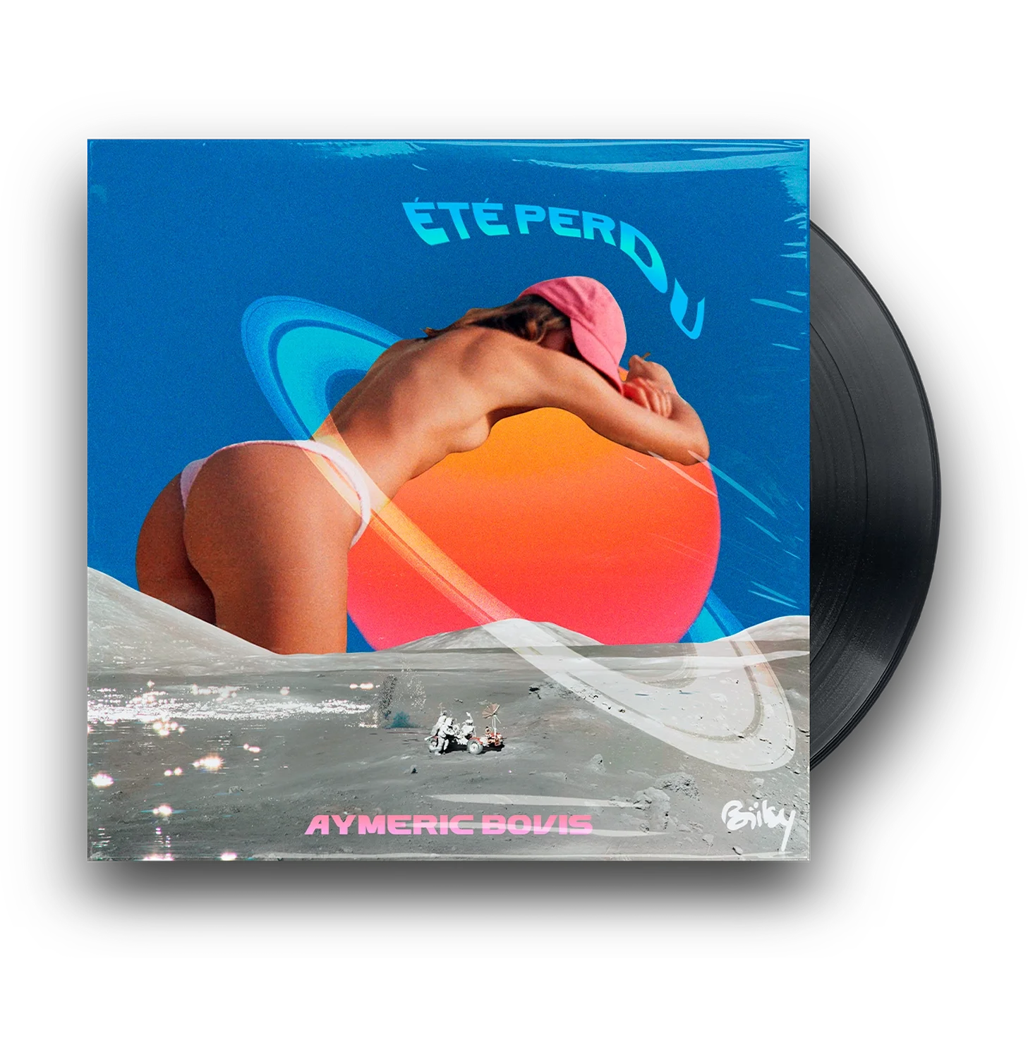 Une pochette de disque vinyle avec une couverture artistique représentant une femme en maillot de bain et casquette, se reposant sur une surface colorée, avec un fond d'espace avec une planète et des éléments lunaires, texte en français 'Été Perdu', et nom de l'artiste 'Aymeric Bovis'.